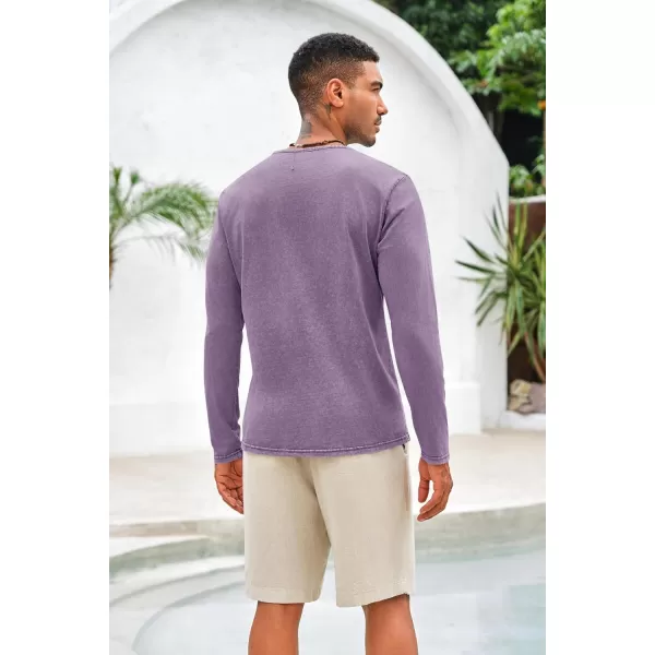 Mens Distressed Henley Shirts Front Placket Retro Long Sleeve Tee Shirts Casual Button Down Washed T-Shirts for Men