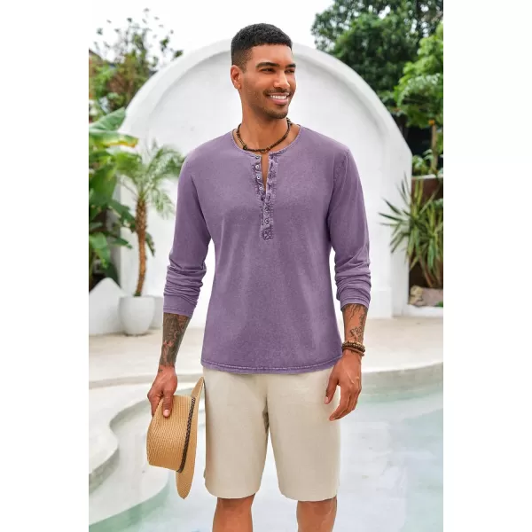 Mens Distressed Henley Shirts Front Placket Retro Long Sleeve Tee Shirts Casual Button Down Washed T-Shirts for Men