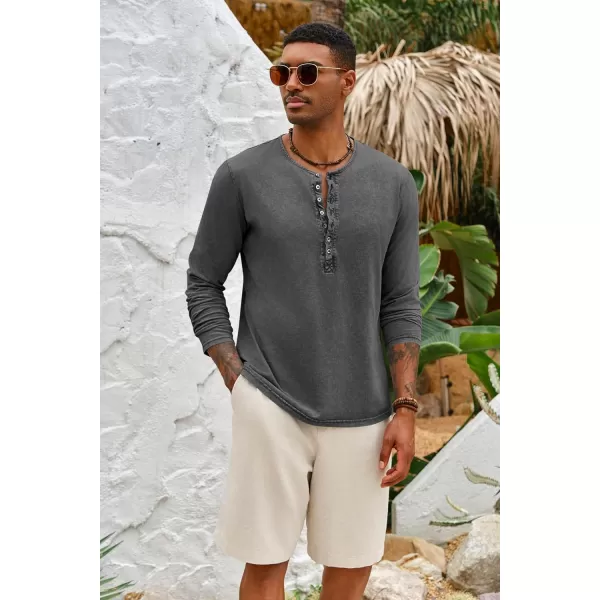 Mens Distressed Henley Shirts Front Placket Retro Long Sleeve Tee Shirts Casual Button Down Washed T-Shirts for Men