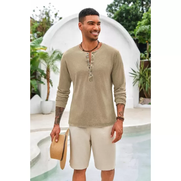 Mens Distressed Henley Shirts Front Placket Retro Long Sleeve Tee Shirts Casual Button Down Washed T-Shirts for Men