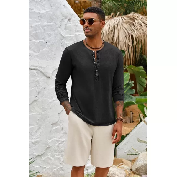 Mens Distressed Henley Shirts Front Placket Retro Long Sleeve Tee Shirts Casual Button Down Washed T-Shirts for Men