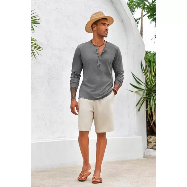 Mens Distressed Henley Shirts Front Placket Retro Long Sleeve Tee Shirts Casual Button Down Washed T-Shirts for Men