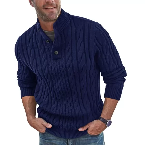 Beotyshow Mens Cable Knitted Pullover Sweaters Stand Collar Solid Twisted Thermal Sweaters with Button for Men