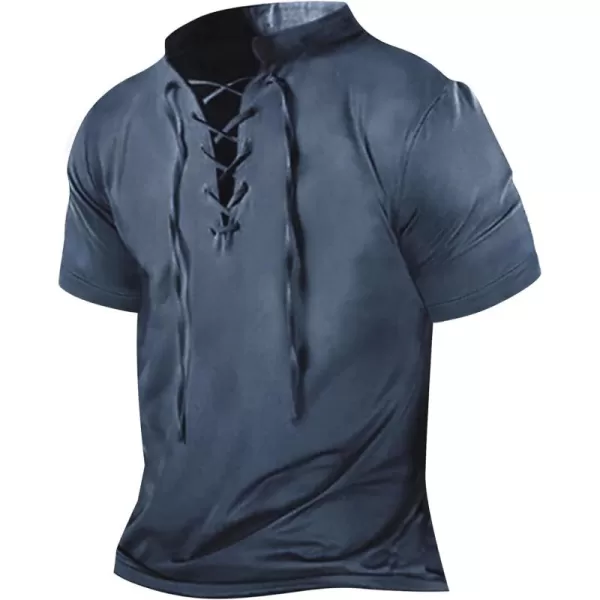 Beotyshow Mens Distressed Henley Shirts Lace Up Short Sleeve Pirate Shirts V Neck Casual Cotton for Beach Renaissance Viking