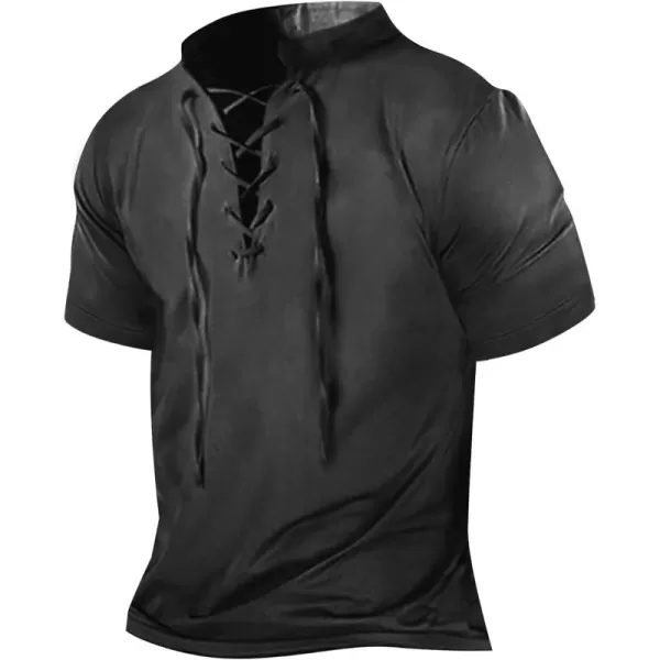 Beotyshow Mens Distressed Henley Shirts Lace Up Short Sleeve Pirate Shirts V Neck Casual Cotton for Beach Renaissance Viking