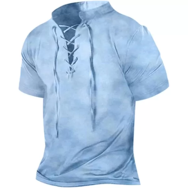 Beotyshow Mens Distressed Henley Shirts Lace Up Short Sleeve Pirate Shirts V Neck Casual Cotton for Beach Renaissance Viking