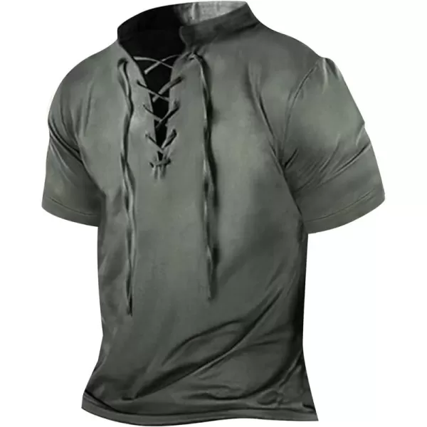 Beotyshow Mens Distressed Henley Shirts Lace Up Short Sleeve Pirate Shirts V Neck Casual Cotton for Beach Renaissance Viking
