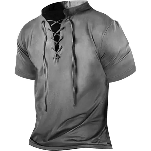 Beotyshow Mens Distressed Henley Shirts Lace Up Short Sleeve Pirate Shirts V Neck Casual Cotton for Beach Renaissance Viking