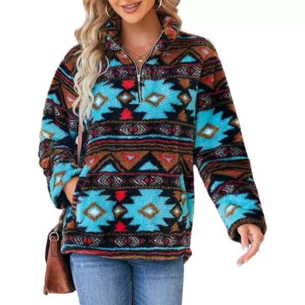 Beotyshow Womens Aztec Fleece Jacket Fuzzy Sherp Sweaters Pullover Vintage Sweatshirt Half Zip Winter Coats with Pockets