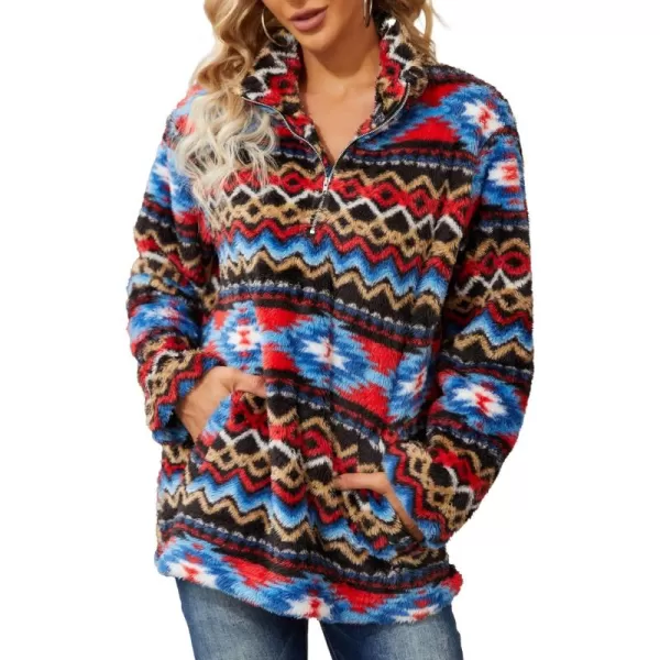 Beotyshow Womens Aztec Fleece Jacket Fuzzy Sherp Sweaters Pullover Vintage Sweatshirt Half Zip Winter Coats with Pockets