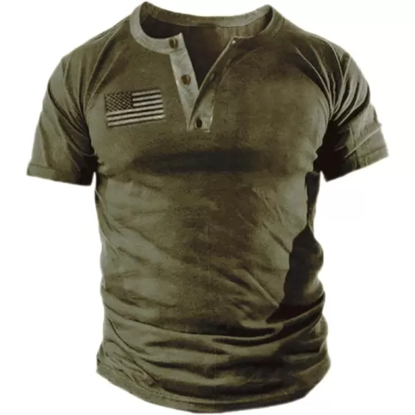 Mens Casual Button Short Sleeve Henley T-Shirts Patriotic Tactical Military Army Shirts for Men