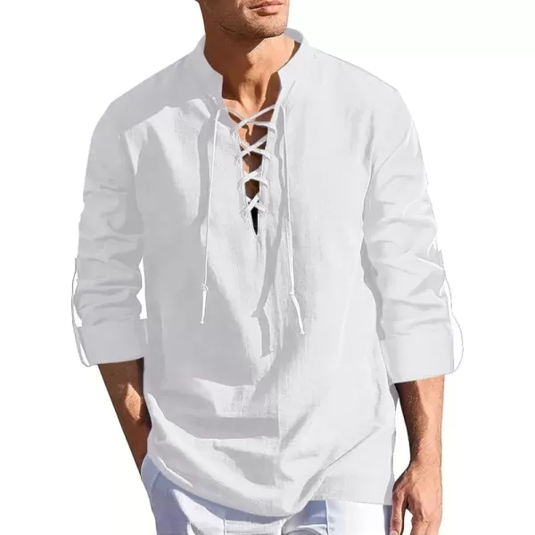 Mens Cotton Linen Shirts Lace Up Short/Long Sleeve Henley Pirate Shirt Casual V Neck for Beach Renaissance Viking Hippie