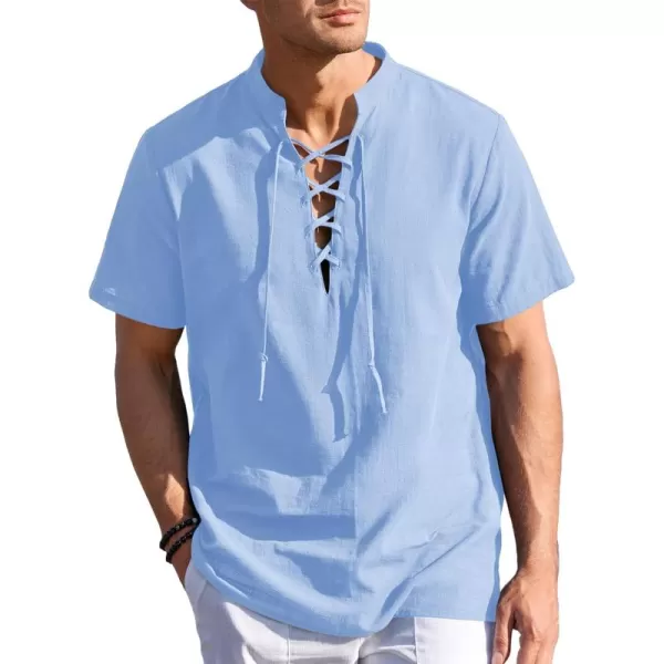 Mens Cotton Linen Shirts Lace Up Short/Long Sleeve Henley Pirate Shirt Casual V Neck for Beach Renaissance Viking Hippie