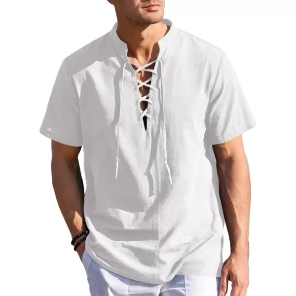 Mens Cotton Linen Shirts Lace Up Short/Long Sleeve Henley Pirate Shirt Casual V Neck for Beach Renaissance Viking Hippie
