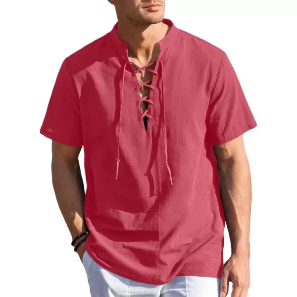 Mens Cotton Linen Shirts Lace Up Short/Long Sleeve Henley Pirate Shirt Casual V Neck for Beach Renaissance Viking Hippie