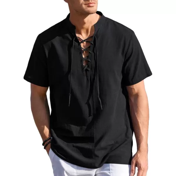 Mens Cotton Linen Shirts Lace Up Short/Long Sleeve Henley Pirate Shirt Casual V Neck for Beach Renaissance Viking Hippie