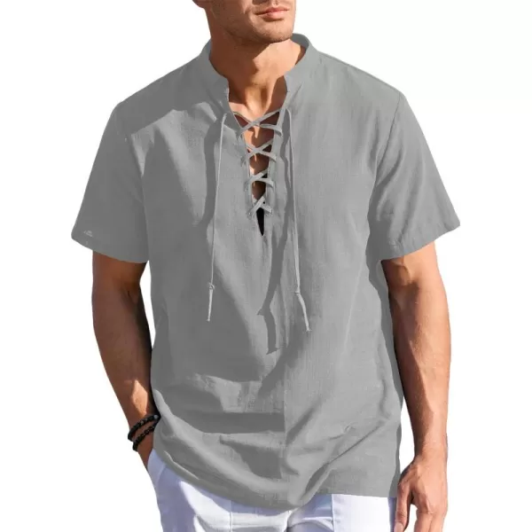 Mens Cotton Linen Shirts Lace Up Short/Long Sleeve Henley Pirate Shirt Casual V Neck for Beach Renaissance Viking Hippie