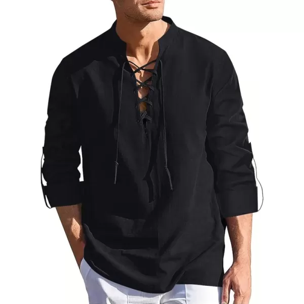 Mens Cotton Linen Shirts Lace Up Short/Long Sleeve Henley Pirate Shirt Casual V Neck for Beach Renaissance Viking Hippie