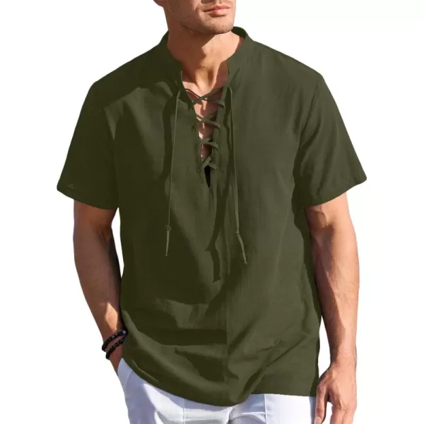 Mens Cotton Linen Shirts Lace Up Short/Long Sleeve Henley Pirate Shirt Casual V Neck for Beach Renaissance Viking Hippie