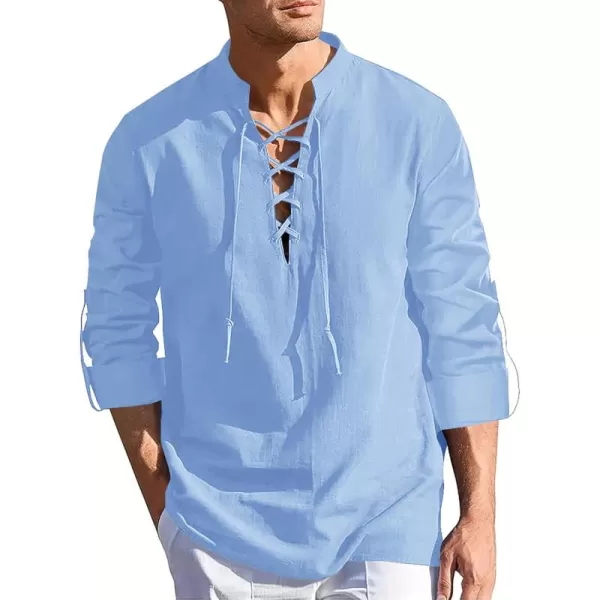 Mens Cotton Linen Shirts Lace Up Short/Long Sleeve Henley Pirate Shirt Casual V Neck for Beach Renaissance Viking Hippie