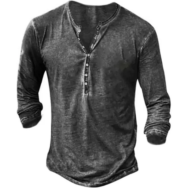 Mens Distressed Henley Shirts Front Placket Retro Long Sleeve Tee Shirts Casual Button Down Washed T-Shirts for Men