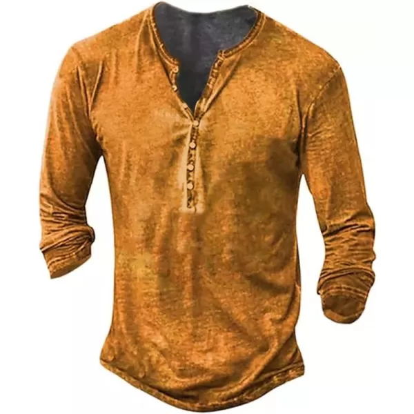 Mens Distressed Henley Shirts Front Placket Retro Long Sleeve Tee Shirts Casual Button Down Washed T-Shirts for Men