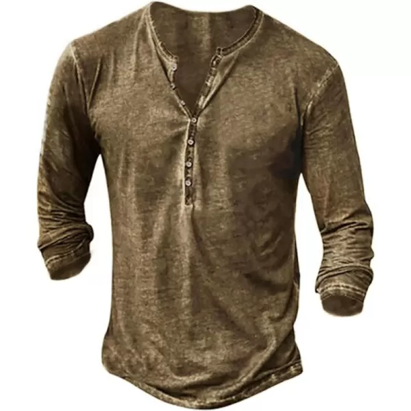 Mens Distressed Henley Shirts Front Placket Retro Long Sleeve Tee Shirts Casual Button Down Washed T-Shirts for Men