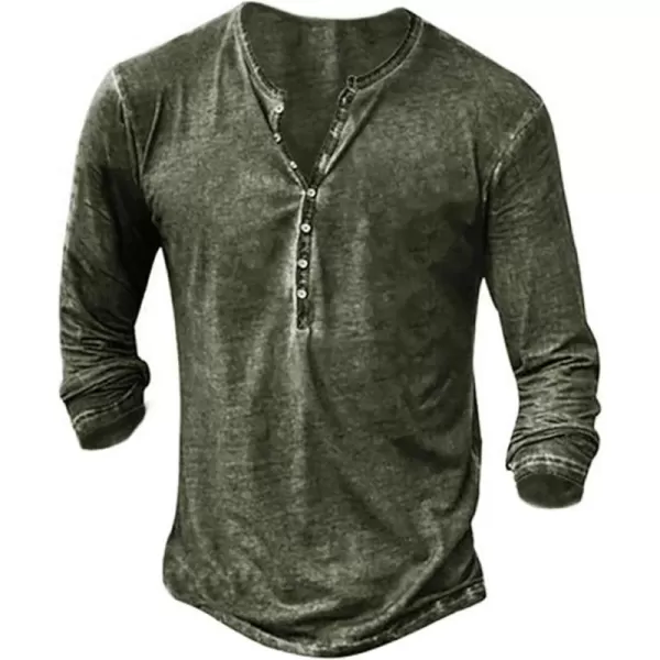 Mens Distressed Henley Shirts Front Placket Retro Long Sleeve Tee Shirts Casual Button Down Washed T-Shirts for Men