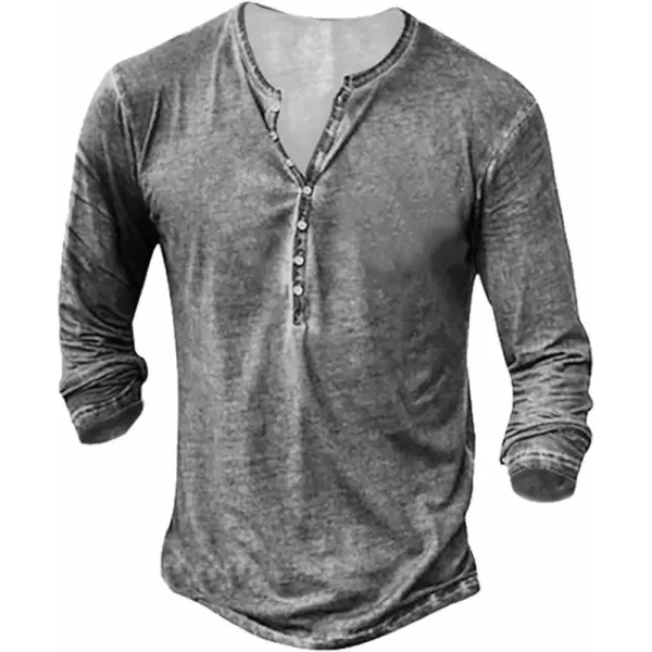 Mens Distressed Henley Shirts Front Placket Retro Long Sleeve Tee Shirts Casual Button Down Washed T-Shirts for Men