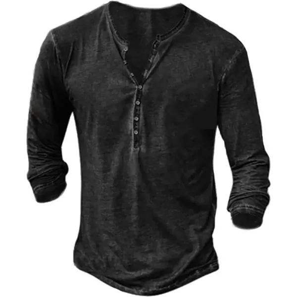 Mens Distressed Henley Shirts Front Placket Retro Long Sleeve Tee Shirts Casual Button Down Washed T-Shirts for Men