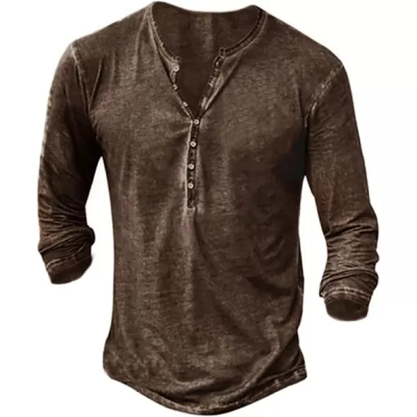 Mens Distressed Henley Shirts Front Placket Retro Long Sleeve Tee Shirts Casual Button Down Washed T-Shirts for Men