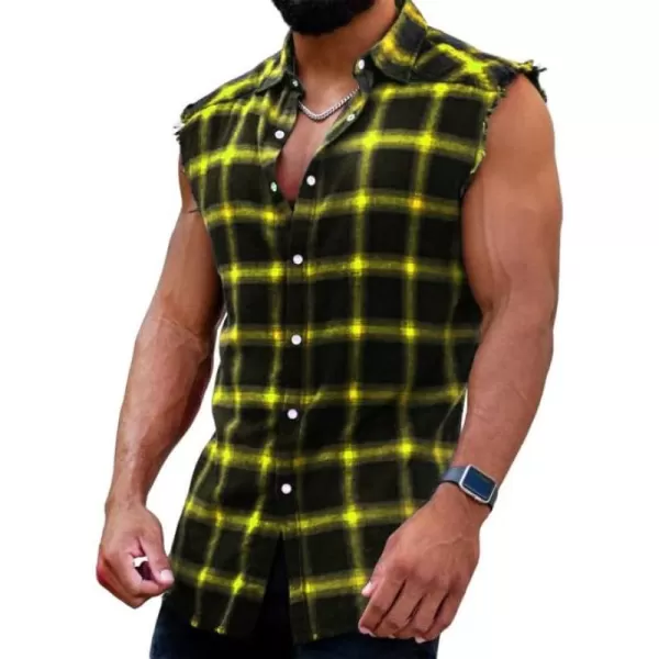 Men's Sleeveless Flannel Plaid Shirts Casual Button Down Cowboy Vest Shirts