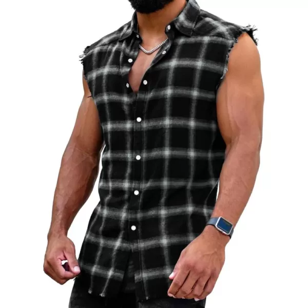 Men's Sleeveless Flannel Plaid Shirts Casual Button Down Cowboy Vest Shirts
