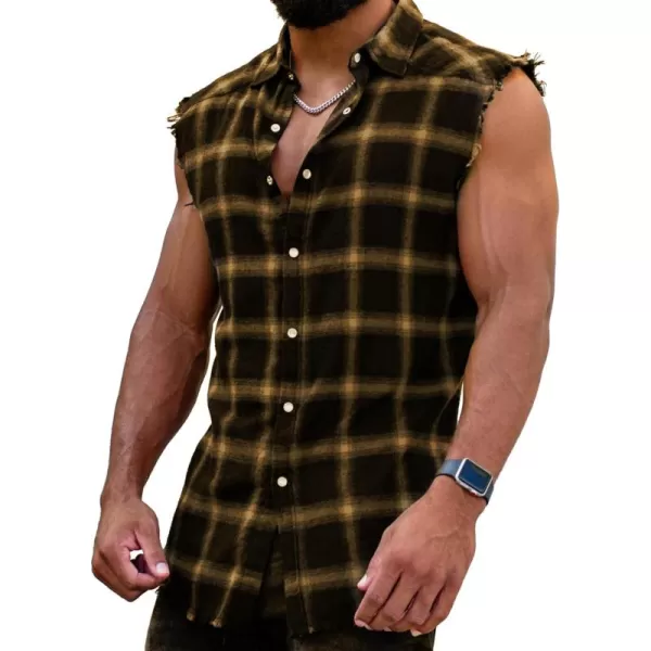 Men's Sleeveless Flannel Plaid Shirts Casual Button Down Cowboy Vest Shirts