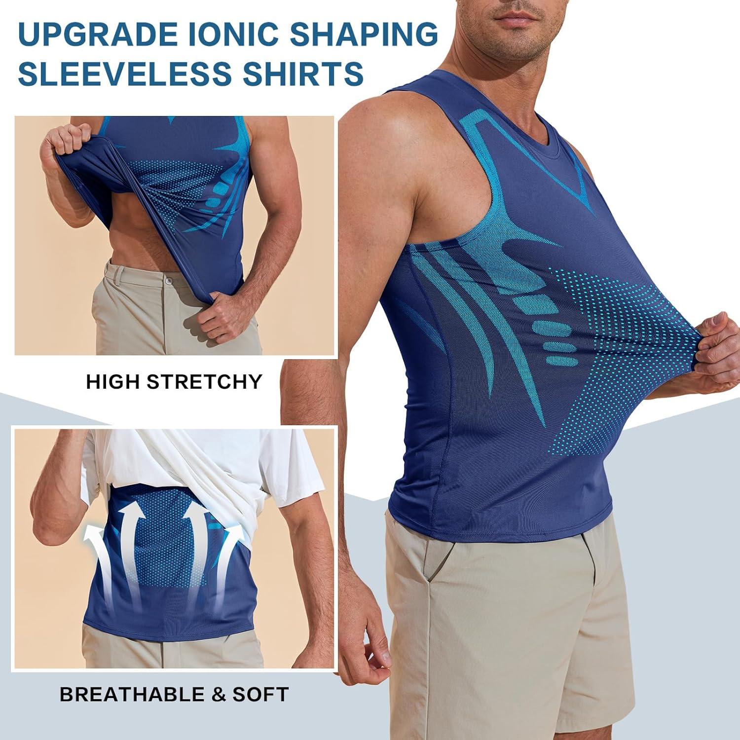 imageBeotyshow Ionic Shaping Sleeveless Shirt Gynecomastia Compression Tank Top Body Shaper Slimming Vest Shapewear UndershirtNavy Blue