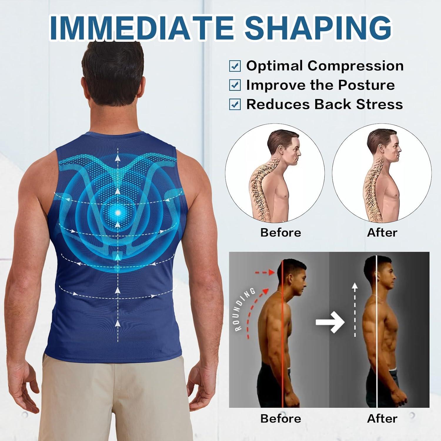 imageBeotyshow Ionic Shaping Sleeveless Shirt Gynecomastia Compression Tank Top Body Shaper Slimming Vest Shapewear UndershirtNavy Blue