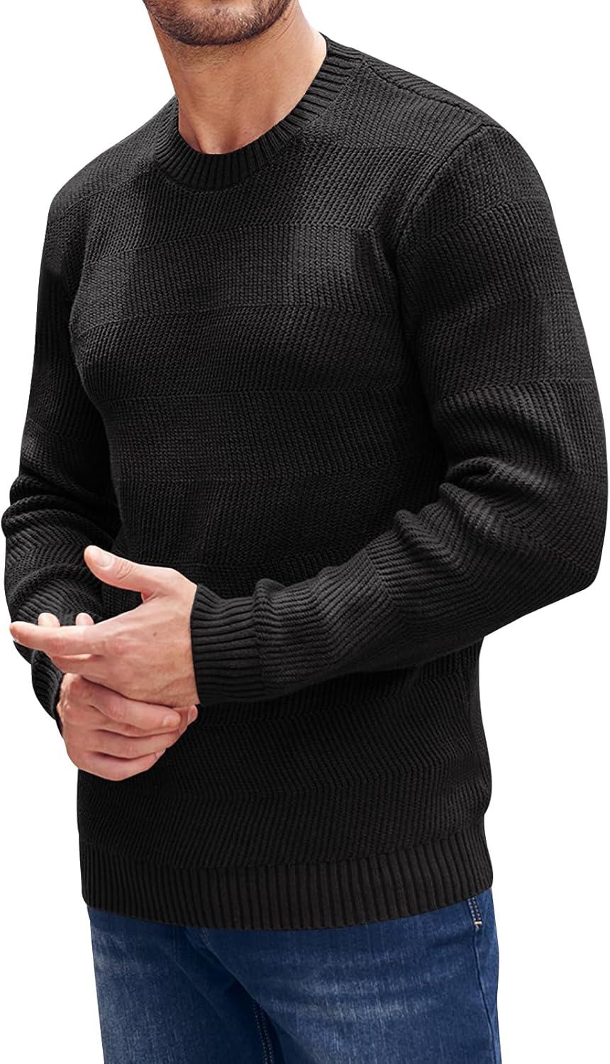 imageBeotyshow Mens Long Sleeve Crew Neck Casual Textured Sweaters Heavyweight Pullover JumperBlack