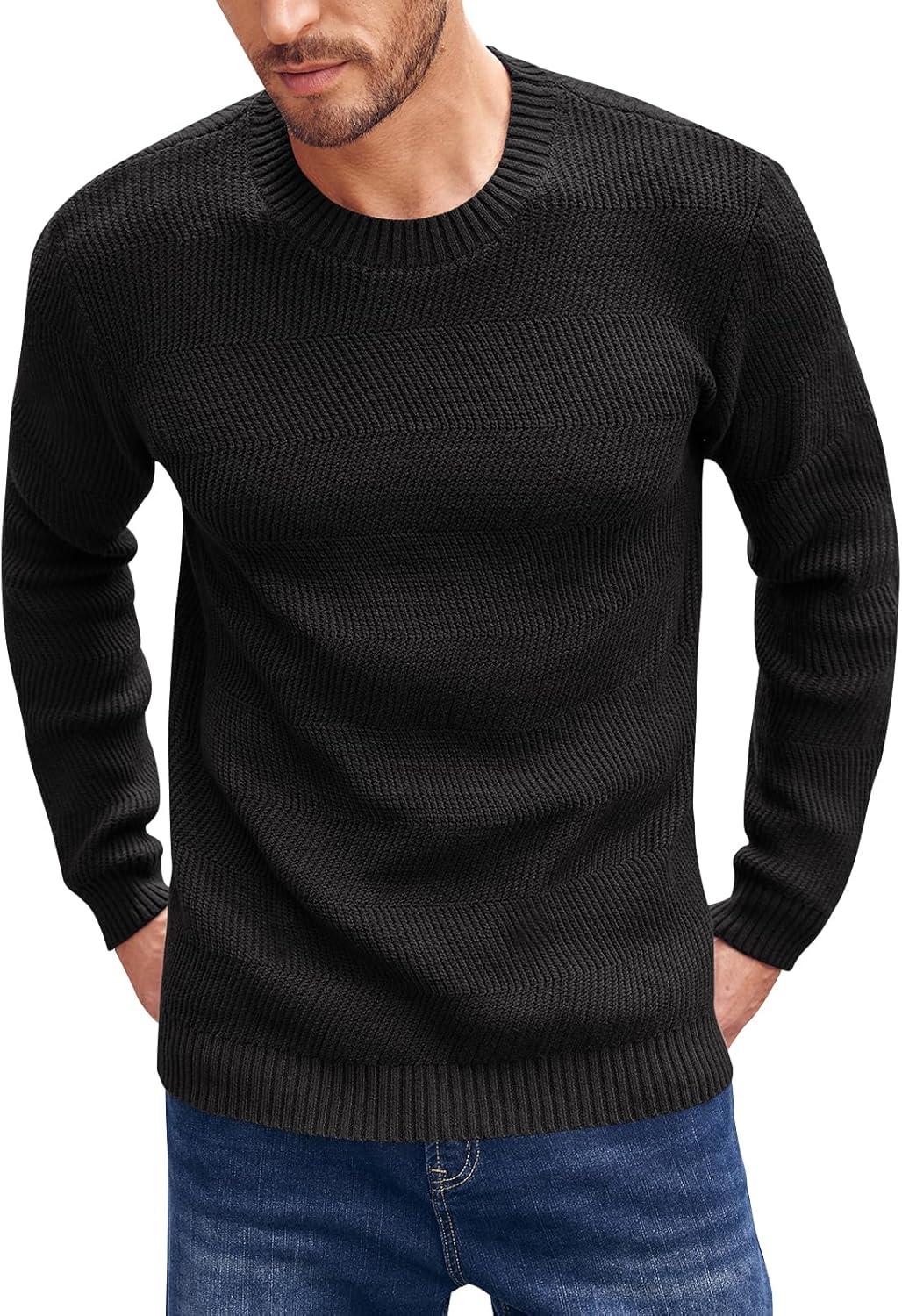 imageBeotyshow Mens Long Sleeve Crew Neck Casual Textured Sweaters Heavyweight Pullover JumperBlack