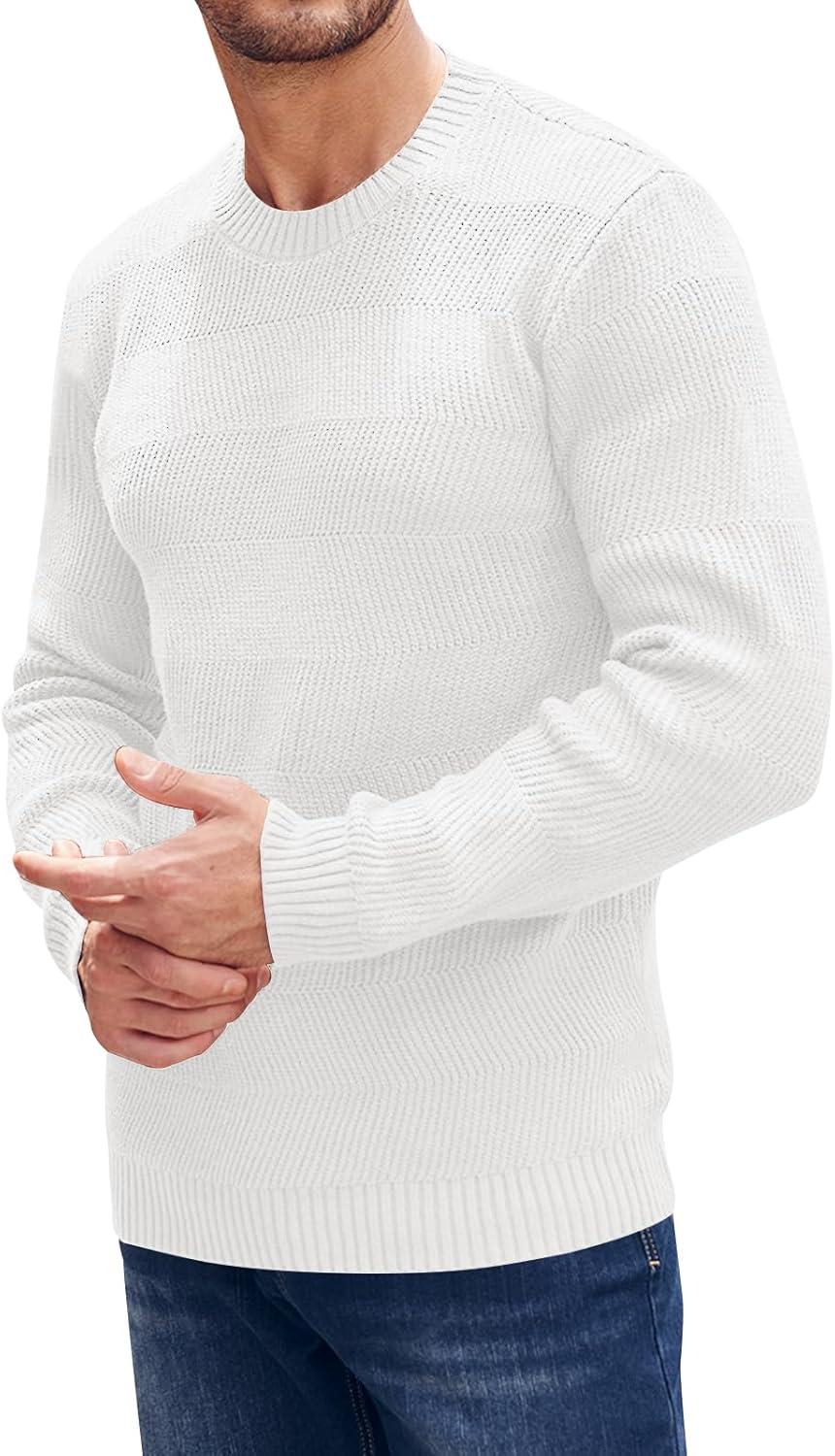 imageBeotyshow Mens Long Sleeve Crew Neck Casual Textured Sweaters Heavyweight Pullover JumperWhite