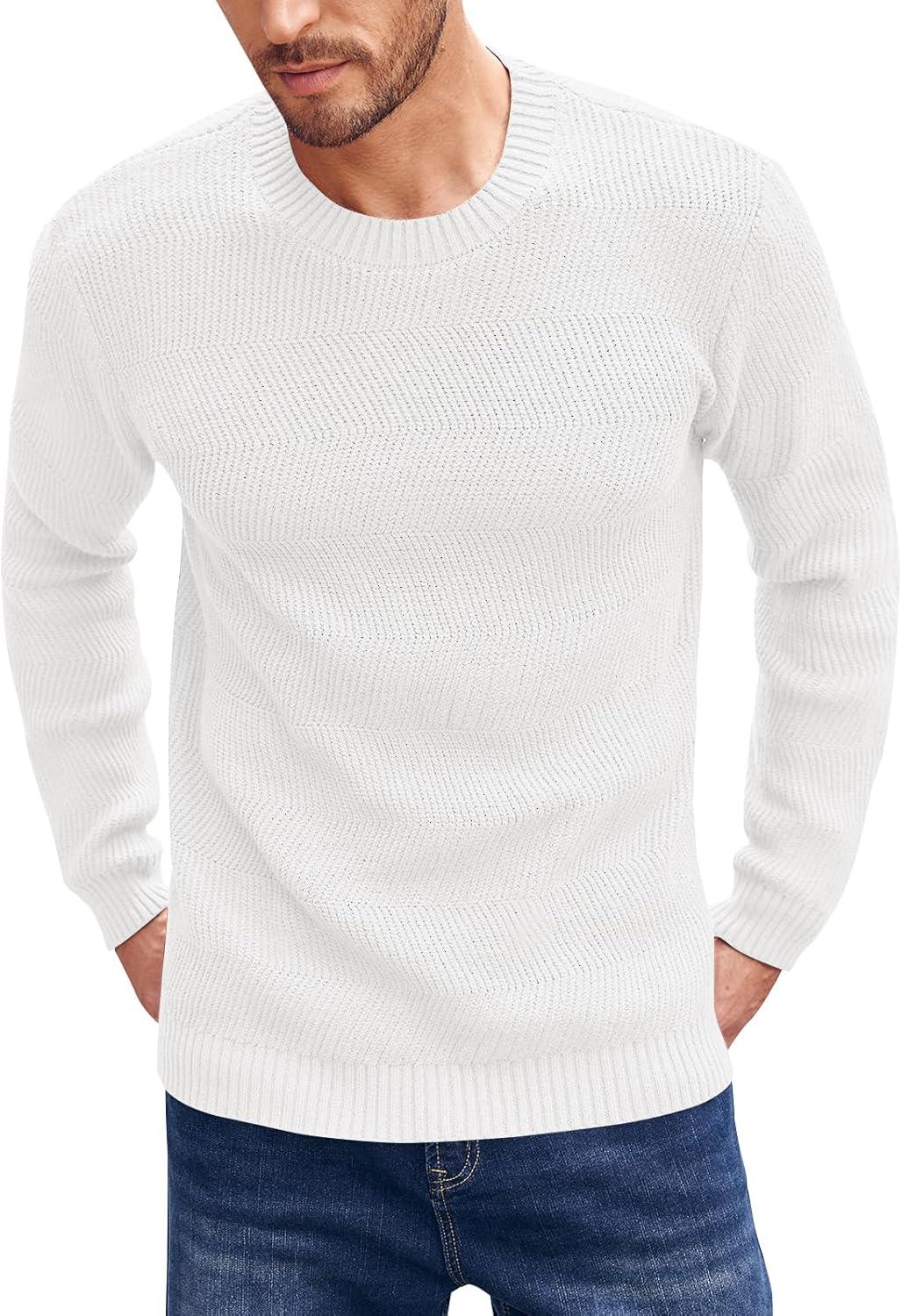 imageBeotyshow Mens Long Sleeve Crew Neck Casual Textured Sweaters Heavyweight Pullover JumperWhite