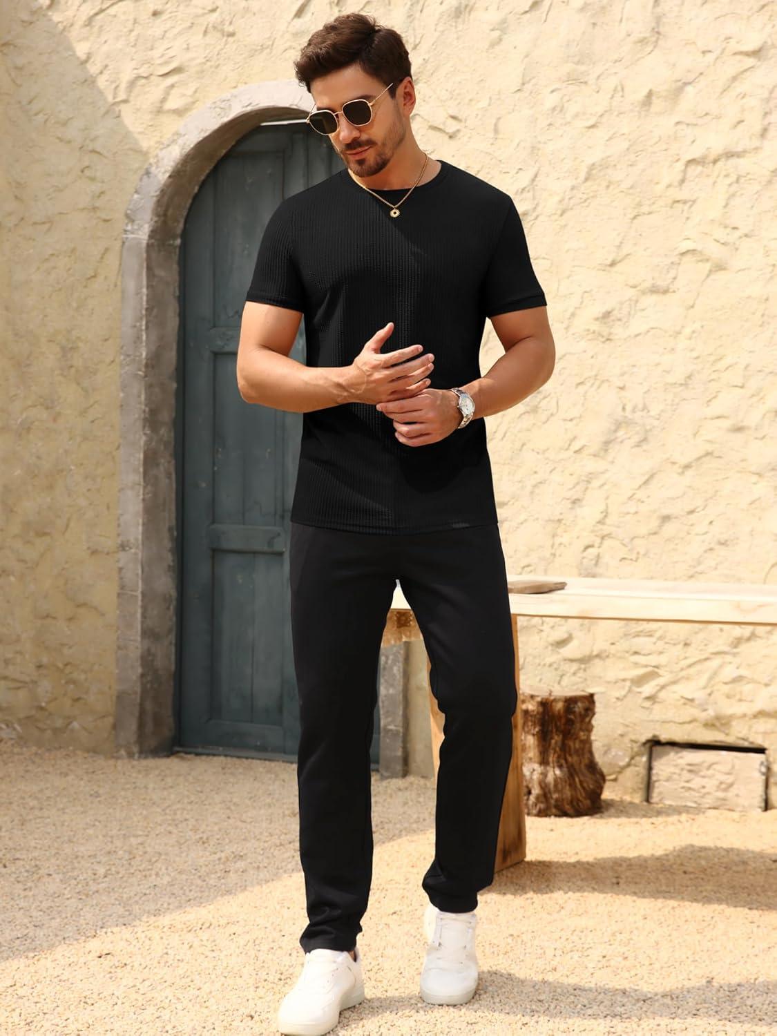 imageBeotyshow Mens Ribbed Knit T Shirts Short Sleeve Crew Neck Slim Fit Stretchy Muscle Shirts Basic Solid Tee TopsBlack