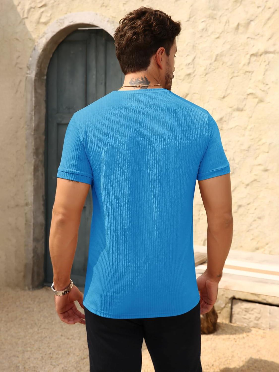 imageBeotyshow Mens Ribbed Knit T Shirts Short Sleeve Crew Neck Slim Fit Stretchy Muscle Shirts Basic Solid Tee TopsBlue