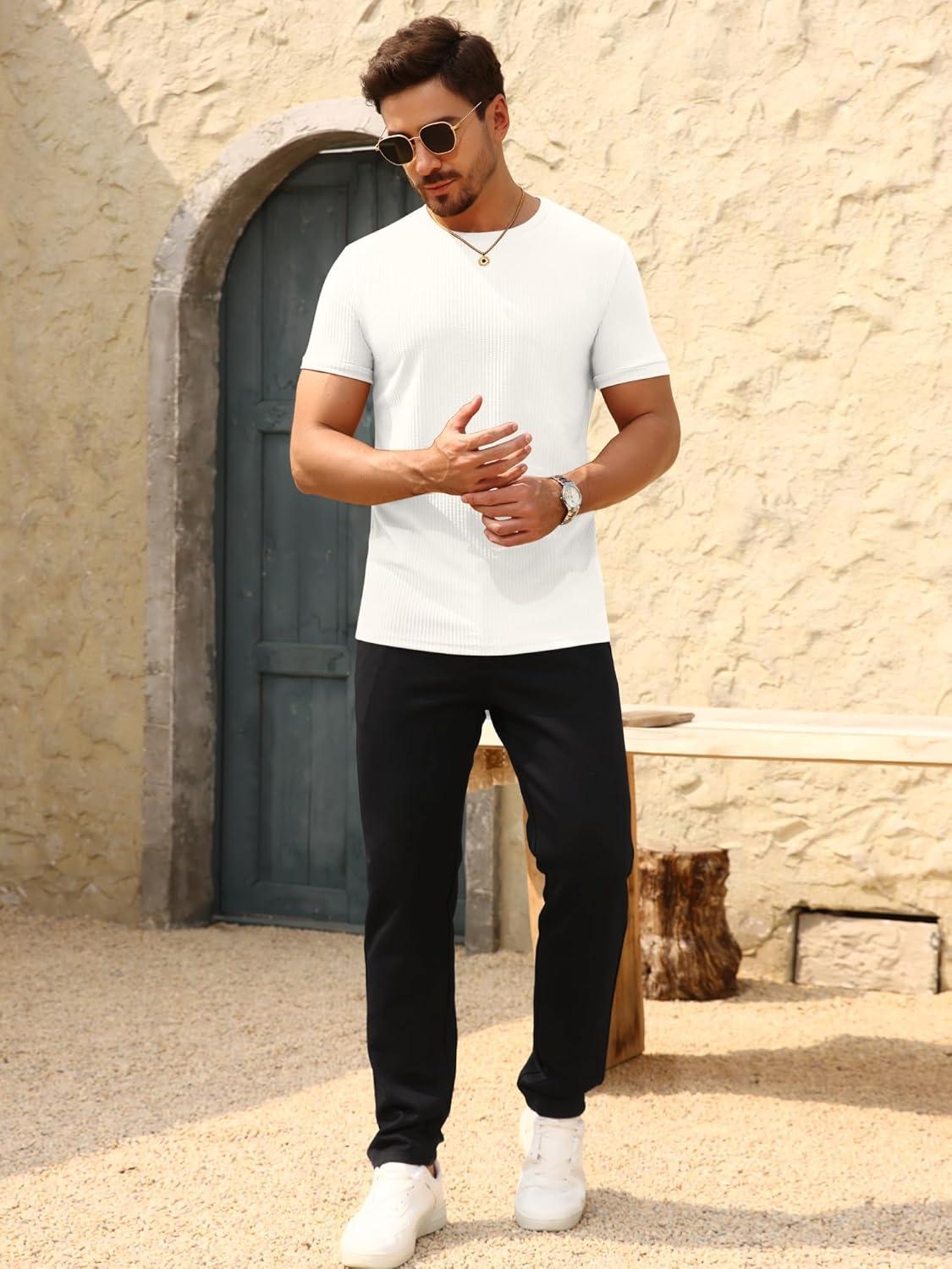 imageBeotyshow Mens Ribbed Knit T Shirts Short Sleeve Crew Neck Slim Fit Stretchy Muscle Shirts Basic Solid Tee TopsCreamywhite