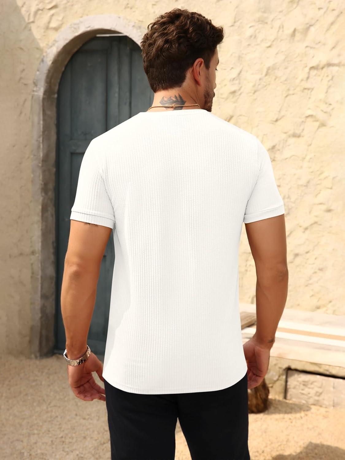 imageBeotyshow Mens Ribbed Knit T Shirts Short Sleeve Crew Neck Slim Fit Stretchy Muscle Shirts Basic Solid Tee TopsCreamywhite