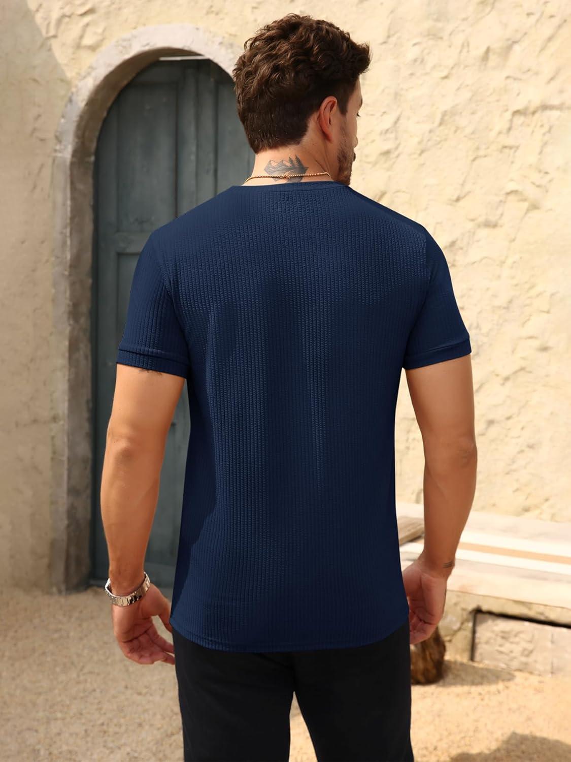 imageBeotyshow Mens Ribbed Knit T Shirts Short Sleeve Crew Neck Slim Fit Stretchy Muscle Shirts Basic Solid Tee TopsDark Blue