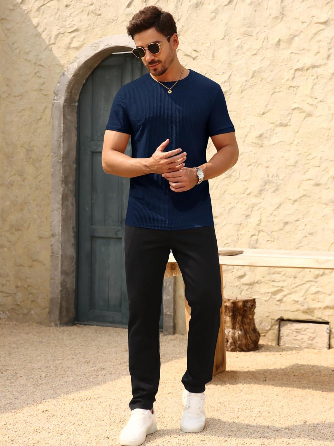 imageBeotyshow Mens Ribbed Knit T Shirts Short Sleeve Crew Neck Slim Fit Stretchy Muscle Shirts Basic Solid Tee TopsDark Blue