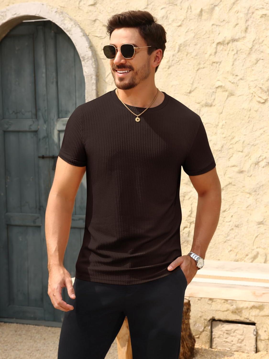 imageBeotyshow Mens Ribbed Knit T Shirts Short Sleeve Crew Neck Slim Fit Stretchy Muscle Shirts Basic Solid Tee TopsDark Brown