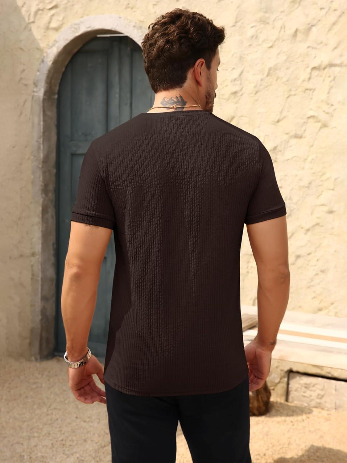 imageBeotyshow Mens Ribbed Knit T Shirts Short Sleeve Crew Neck Slim Fit Stretchy Muscle Shirts Basic Solid Tee TopsDark Brown