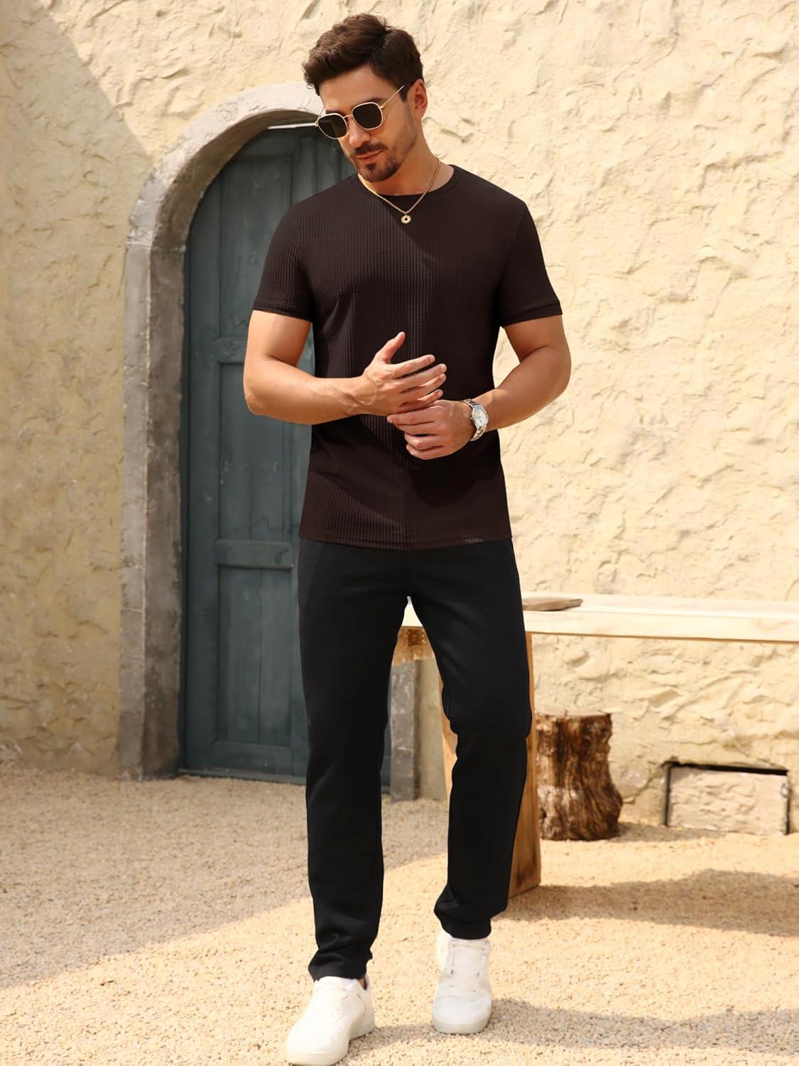 imageBeotyshow Mens Ribbed Knit T Shirts Short Sleeve Crew Neck Slim Fit Stretchy Muscle Shirts Basic Solid Tee TopsDark Brown