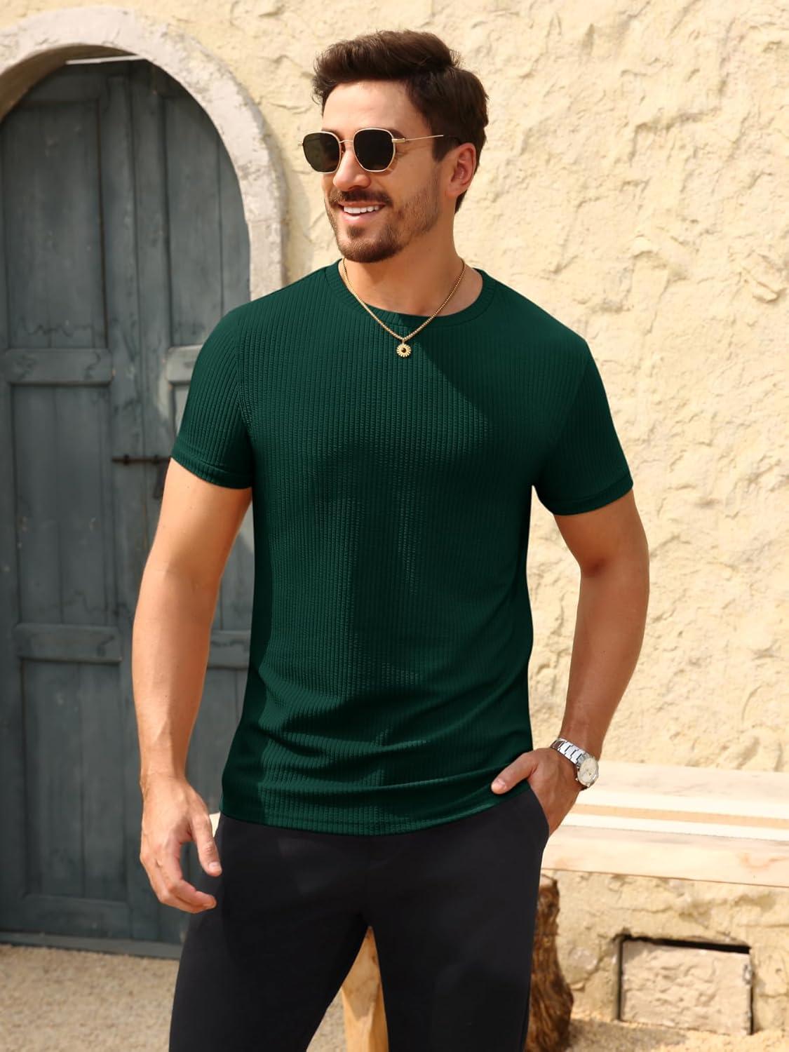 imageBeotyshow Mens Ribbed Knit T Shirts Short Sleeve Crew Neck Slim Fit Stretchy Muscle Shirts Basic Solid Tee TopsDark Green